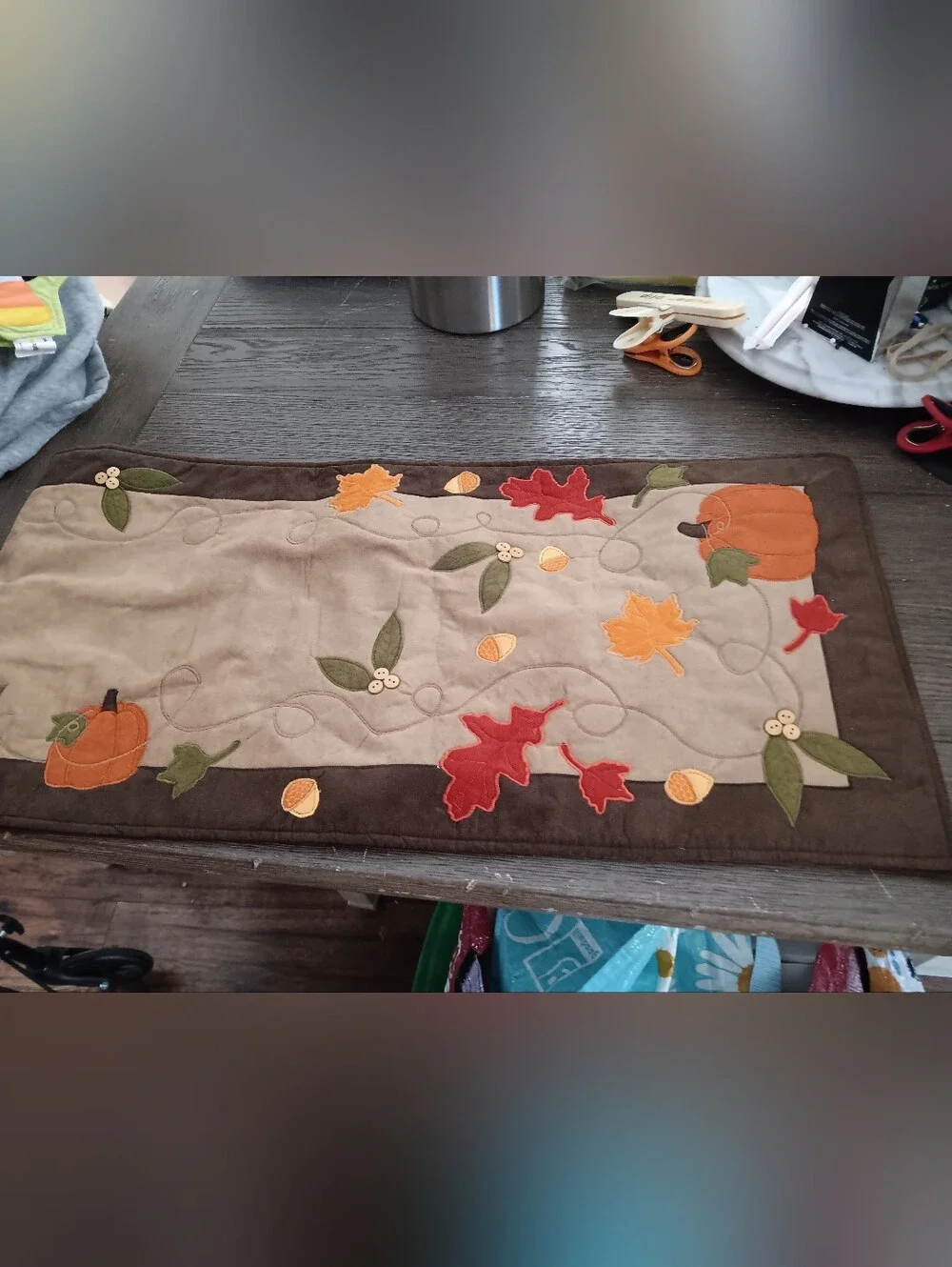 Autumn Leaves Quilted Table Runner - Taupe, Red & Orange 13 By 54